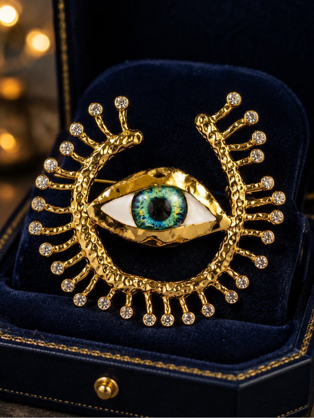 Gold tone Evil Eye Brooch with Blue and Green Iris - Picture 6 of 7
